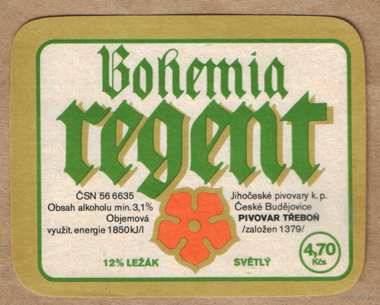 Этикетка пива Bohemia Regent Е405