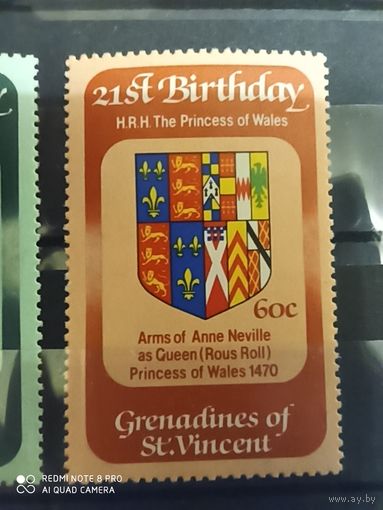 Сент Винсент и Гренадины, 2 марки, 21 день рождения принцессы Уэлльской.
