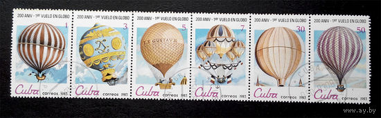Куба 1983 г. Воздушные шары. Воздухоплавание. Авиация, полная серия из 6 марок, сцепка #0049-Т1P12