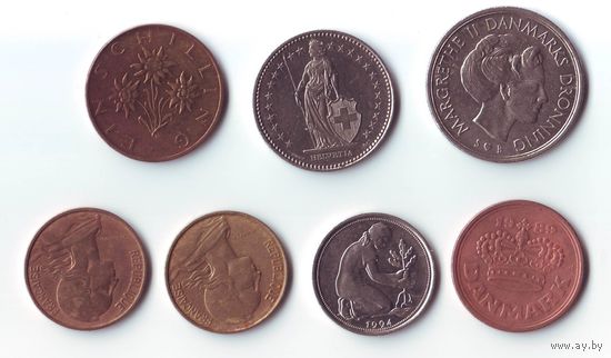 Европа, монеты разные, 14 шт. + бонус.