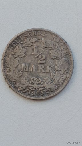 Германия 1/2 марки 1905 год. J.