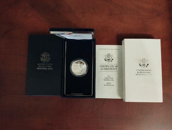 США 1 доллар 1991 года, 38 годовщина войны в Корее (в коробке с сертификатом). Серебро.ПРУФ.