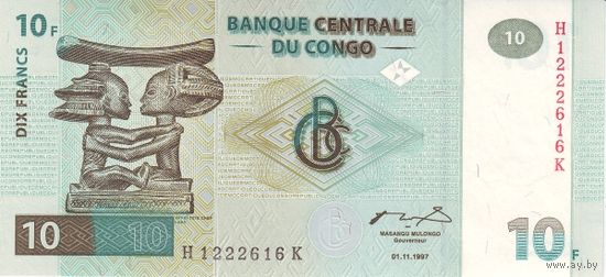 Конго 10 франков образца 1997 года UNC p87b