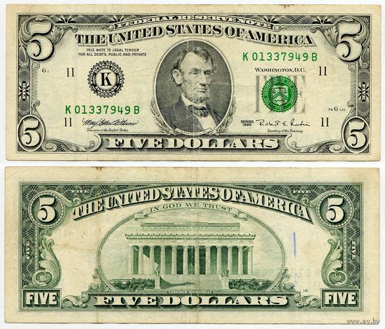 США. 5 долларов (образца 1995 года, K, Техас, P498)