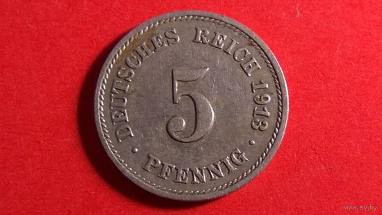 5 пфеннигов 1913 F. Германия. Тираж 2.054.000! Нечастая.