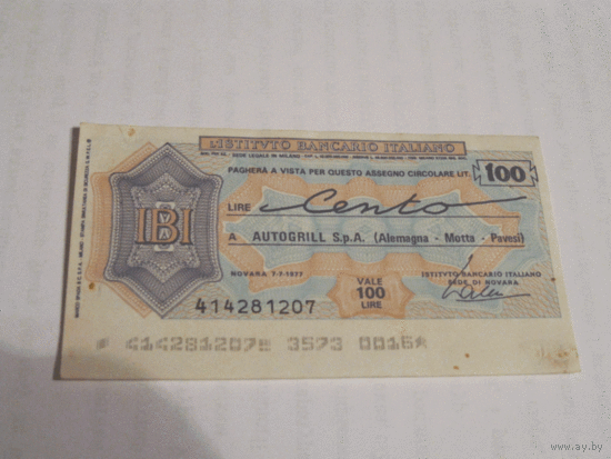 Италия - чек на 100 лир - 1977