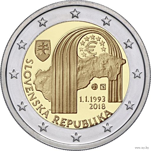 2 евро 2018 Словакия 25 лет Словацкой Республике UNC из ролла