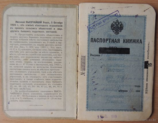 Паспорт РИ коллежского чиновника почты, 1916 г., штампы Минска