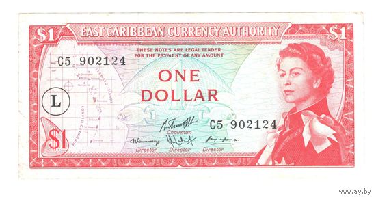 Восточные Карибы 1 доллар образца 1965 года. Буква L (Санта Лючия). Тип Р13l. Состояние XF