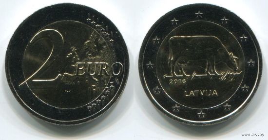 Латвия. 2 евро (2016, UNC) [Корова]