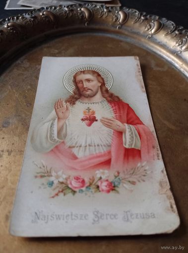 Икона шкаплерный образок Найсвятейшее Сердце Христа 19 век, польский католический