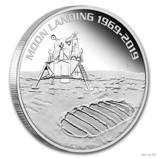 Австралия 1 доллар 2019г. PROOF "50 лет высадки человека на Луну". Монета в капсуле; магнитном подарочном акриловом футляре; номерной сертификат; коробка. СЕРЕБРО 31,107гр.(1 oz).
