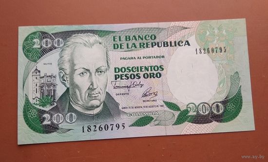 Банкнота 200 песо Колумбия 1991 г.