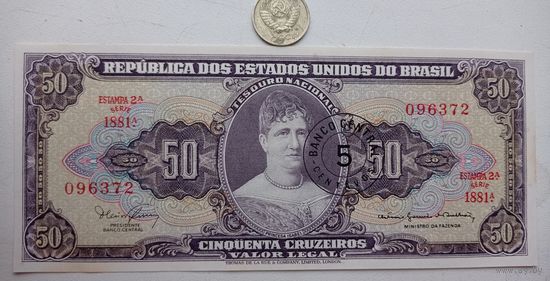 Werty71 Бразилия 50 крузейро 1967  надпечатка 5 сентаво UNC Банкнота