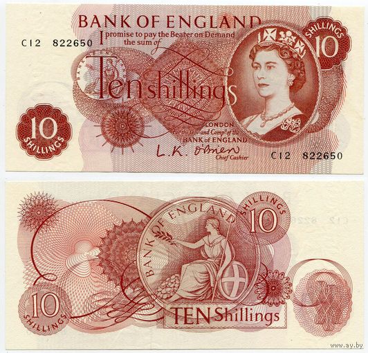 Великобритания. 10 шиллингов (образца 1961 года, P373a, подпись O'Brien, aUNC)