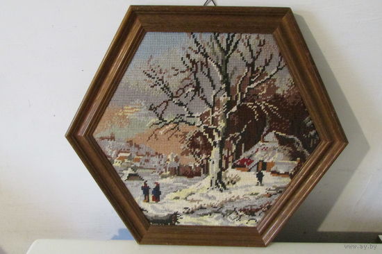 Гобелен картина в дубовой рамке  35 на 35 см Дуб ткань Германия 60-х