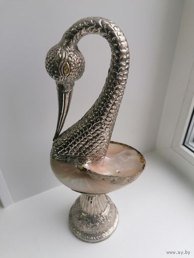 Красивая статуэтка или ваза, металл, серебрение, ракушка - Журавль, с Рубля