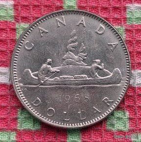 Канада 1 доллар 1968 года, UNC. Индейцы, плывущие на каноэ. Королева Елизавета II.
