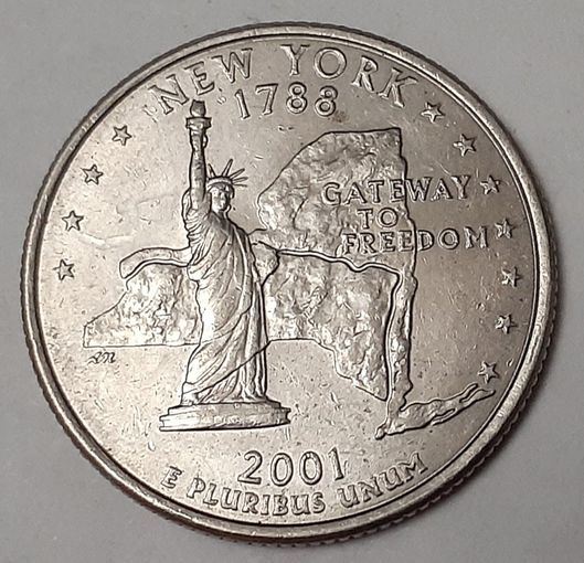 США 1/4 доллара, 2001 Квотер штата Нью-Йорк Отметка монетного двора: "D" - Денвер (10-4-23)