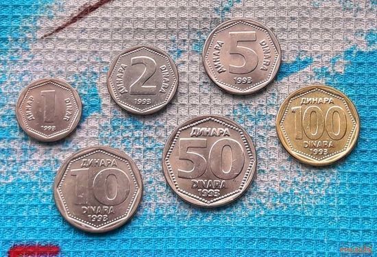 Югославия набор монет  1, 2, 5, 10, 50, 100 Динар 1993 года. Сербия, Черногория, Воеводина, Косово и Метохия UNC. RRR.