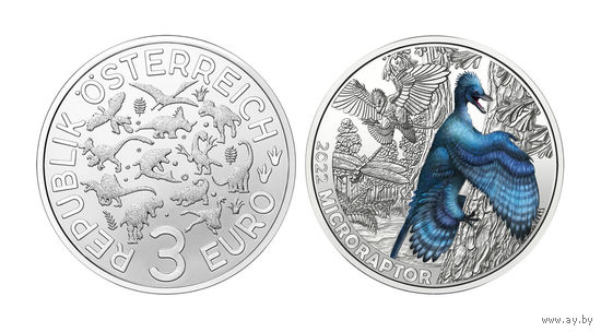 3 Евро Австрия 2022. 10-я из 12-ти монет Серия "Супер Динозавры" Микрораптор гуи/Microraptor/ - самый маленький динозавр. Цветная светящаяся монета