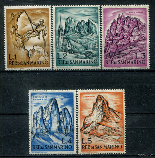 Сан-Марино - 1962г. - горы - 5 марок - MNH, 2 марки с пожелтением клея, 1 с небольшим повреждением клея. Без МЦ!