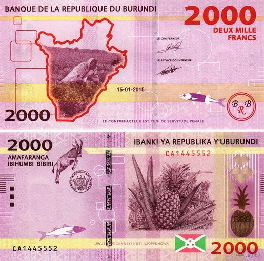 Бурунди  2000 франков 2018 год UNC