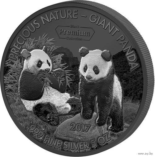 RARE: Бенин 5000 франков 2017г. Black Premium - Rhodium and Palladium "Панда. Панды." Монета в капсуле; шикарном подарочном футляре; номерной сертификат; коробка. СЕРЕБРО 155,5гр.(5 oz).