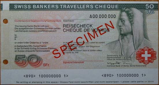 Дорожный чек Швейцария 50 франков. Образец UNC