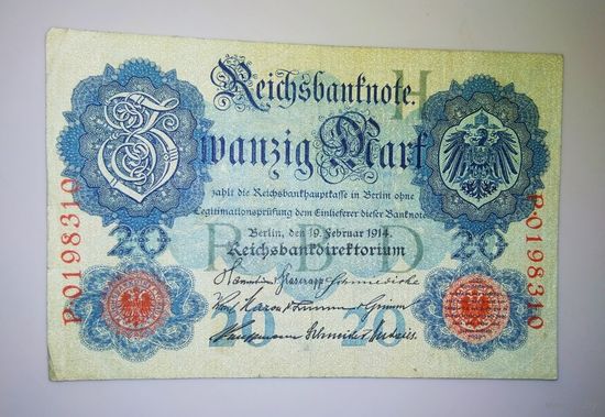Банкнота 20 марок  Германия 1914 г.