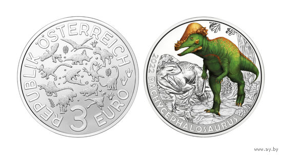 3 Евро Австрия 2022. 11-я из 12-ти монет Серия "Супер Динозавры" Пахицефалозавр /Pachycephalosaurus/ - динозавр с самым толстым черепом. Цветная светящаяся монета