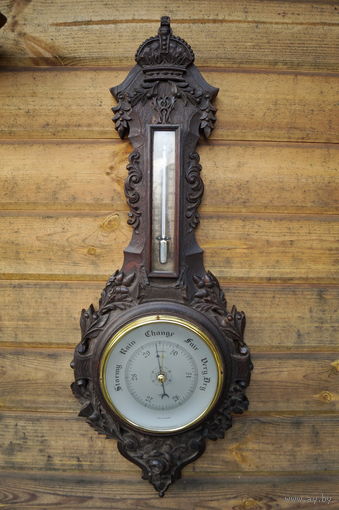Антикварный, Большой Барометр - Термометр в Стиле Ренессанс, Дуб. Англия, XIX век.