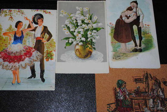 2 Открытки и 2 Почтовые карточки - *все прошедшие почту - **(одним лотом) - ***Испанская открытка с элементами костюма, - а открытка из Португалии пробковая!