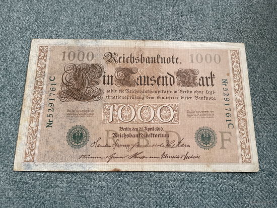 Германия Имперская банкнота 1000 марок серия F 5291761 C Берлин 21.04.1910 год / Две зеленые печати