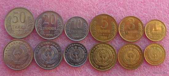 Узбекистан. набор 6 монет 1,3,5,10,20,50 тийин 1994 года