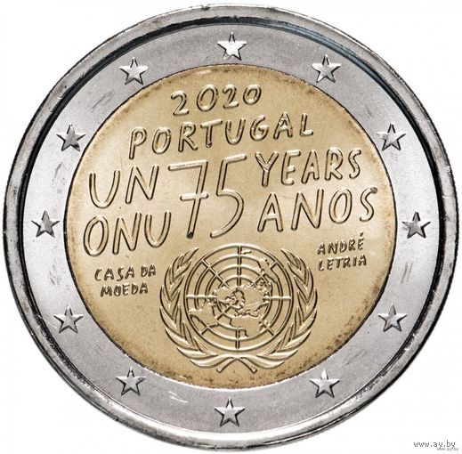 2 евро 2020 Португалия 75 лет ООН  UNC из ролла