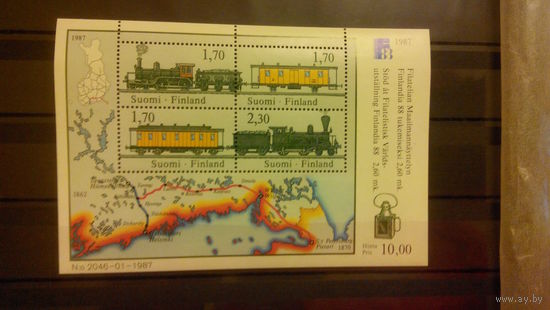 Транспорт, карты, техника, паровозы, локомотивы, железная дорога, блок, Финляндия, 1987