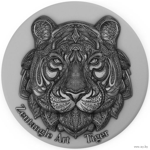 Ниуэ 5 долларов 2021г. "Зентангл Арт: Тигр". Монета в капсуле; деревянном подарочном футляре; сертификат; коробка. СЕРЕБРО 62,20гр.(2 oz).