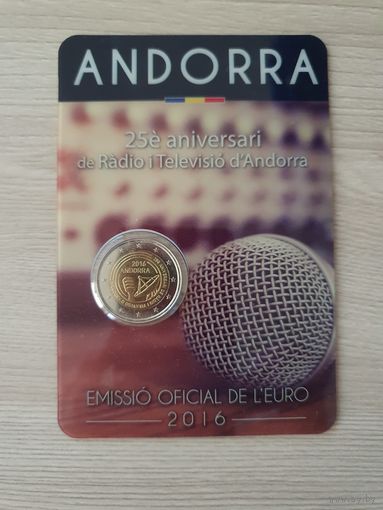 Монета Андорра 2 евро 2016 25-летие радио и телевещанию в Андорре БЛИСТЕР