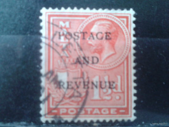 Мальта 1928 Король Георг 5 Надпечатка 1 1/2 пенса