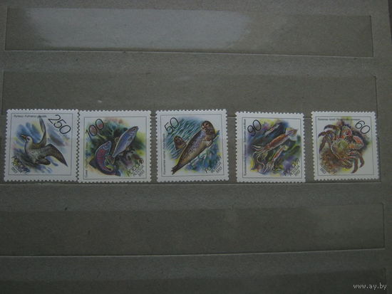 Марки - Животные морей Россия 1993 год (104-108) серия из 5 марок, фауна рыбы птицы крабы