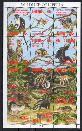 Дикие животные Либерия 1993 год серия из 12 марок в листе