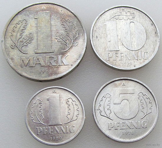 ГДР, 4 монеты: 1 марка, 1, 5 и 10 пфеннигов, состояние XF.