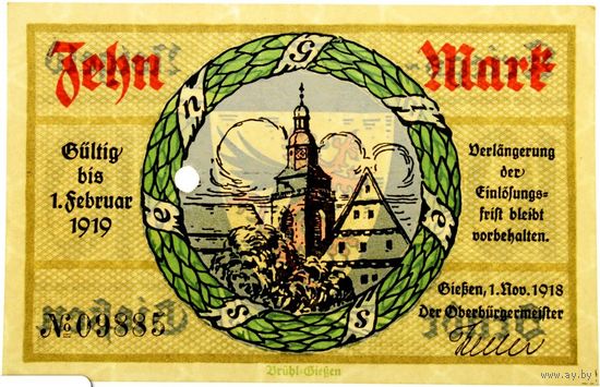 РАСПРОДАЖА!!! - ГЕРМАНИЯ БИБЕН (ГЕССЕН) 10 марок 1918 год - UNC!