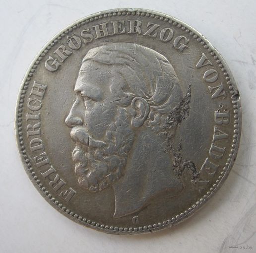 Баден 5 марок 1876 Фридрих I, серебро  ..Т-.45