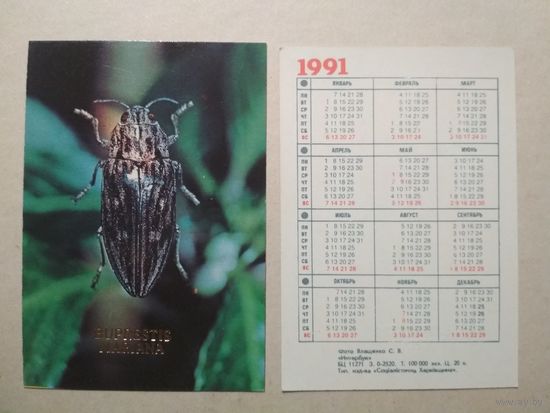 Карманный календарик. Жук. 1991 год