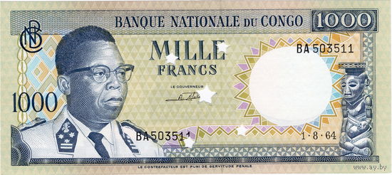 Конго, 1 000 франков, 1964 г., UNC оригинальная перфорация. Не частый
