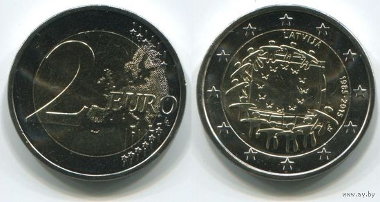 Латвия. 2 евро (2015, UNC) [30 лет флагу ЕС]