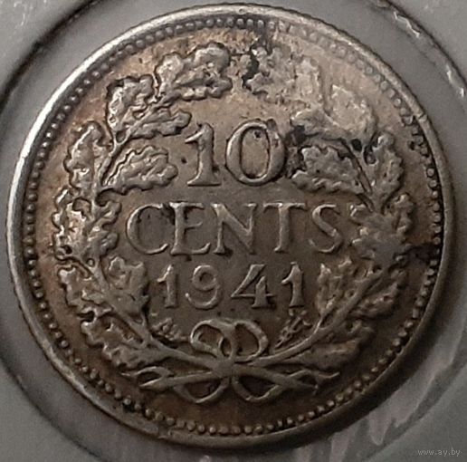 Нидерланды 10 центов, 1941 Портрет на аверсе /Серебро/