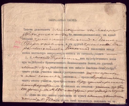 Купчая (запродажная запись) 1915 год Бобруйский уезд